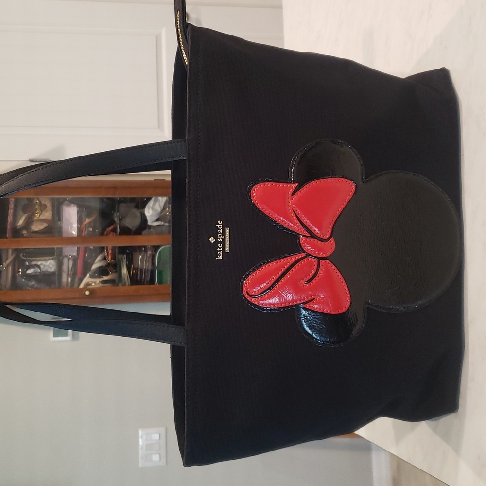 Kate Spade ♠️ Black Tote Canvas Minnie Mouse Red Bow Accent Size Large